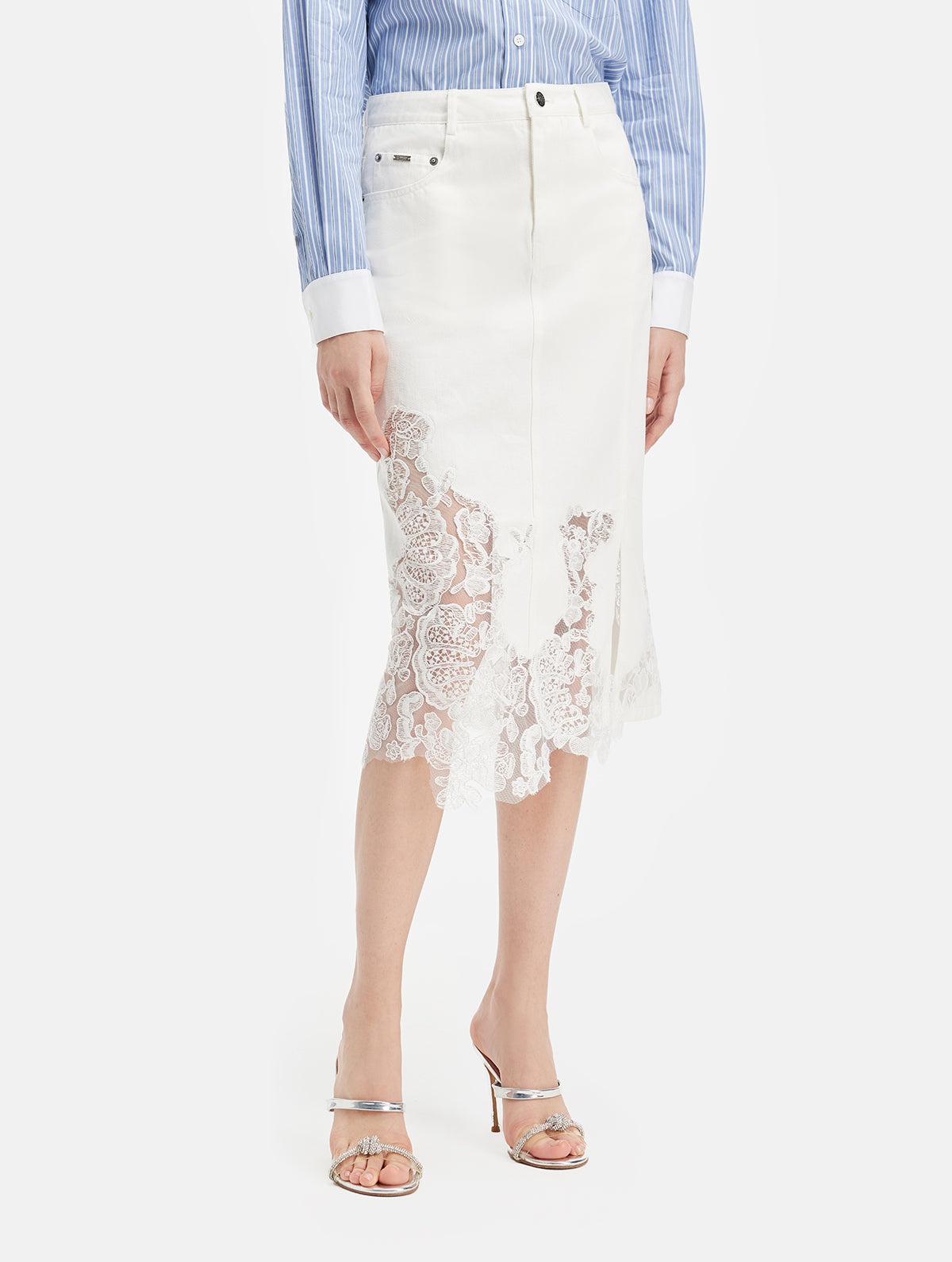 Lace Embroidery Patchwork Denim Midi Skirt