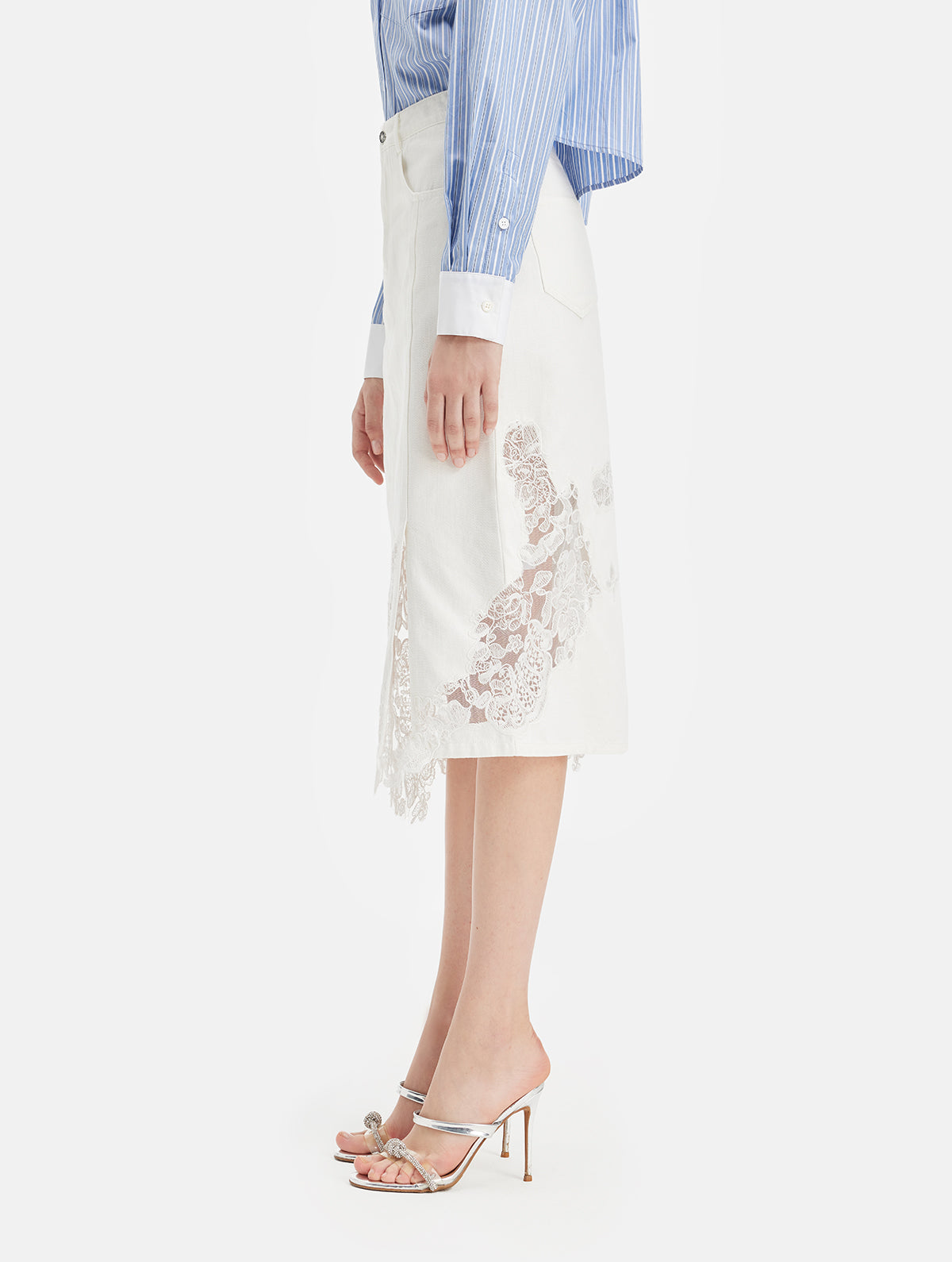 Lace Embroidery Patchwork Denim Midi Skirt