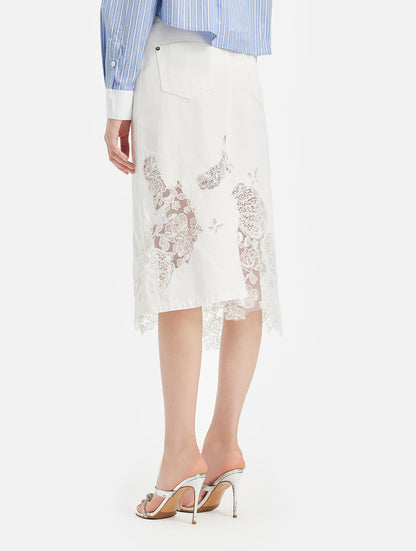 Lace Embroidery Patchwork Denim Midi Skirt