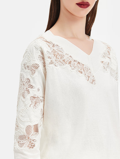 V-neck Lace Embroidered Knit Top