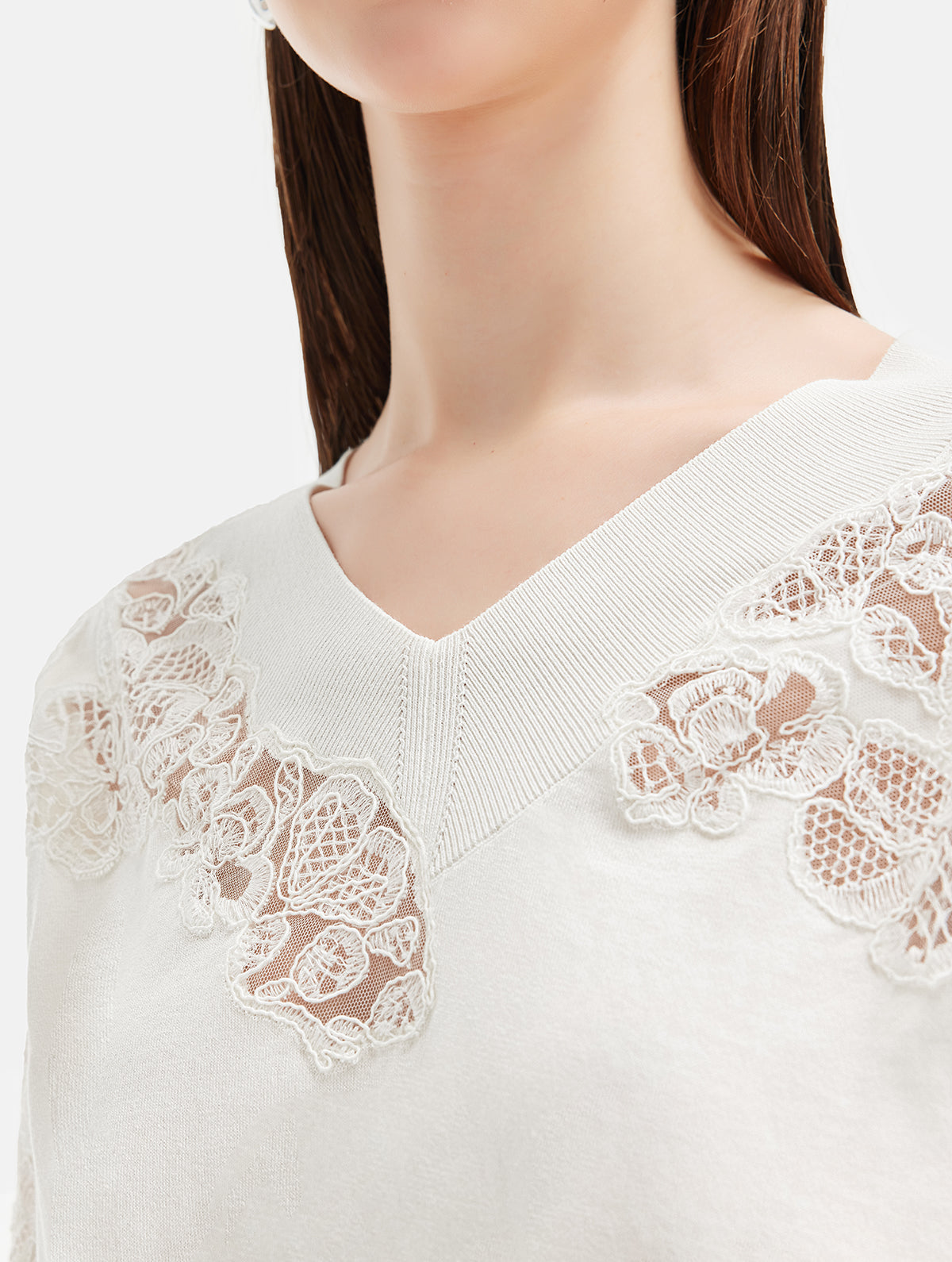 V-neck Lace Embroidered Knit Top