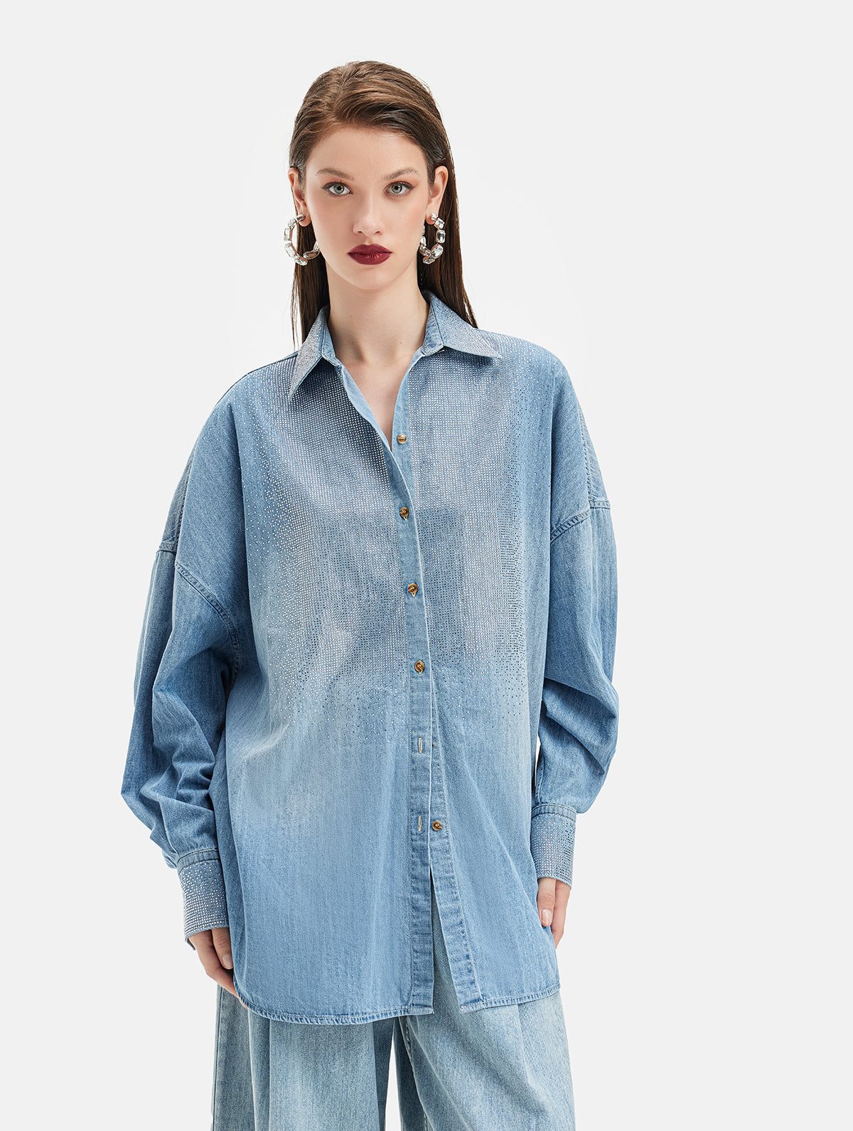 Hand-Embellished Diamond Denim Shirt