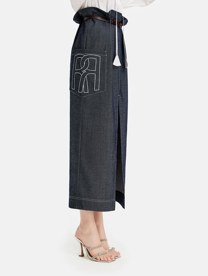 Denim Embroidered Midi Skirt