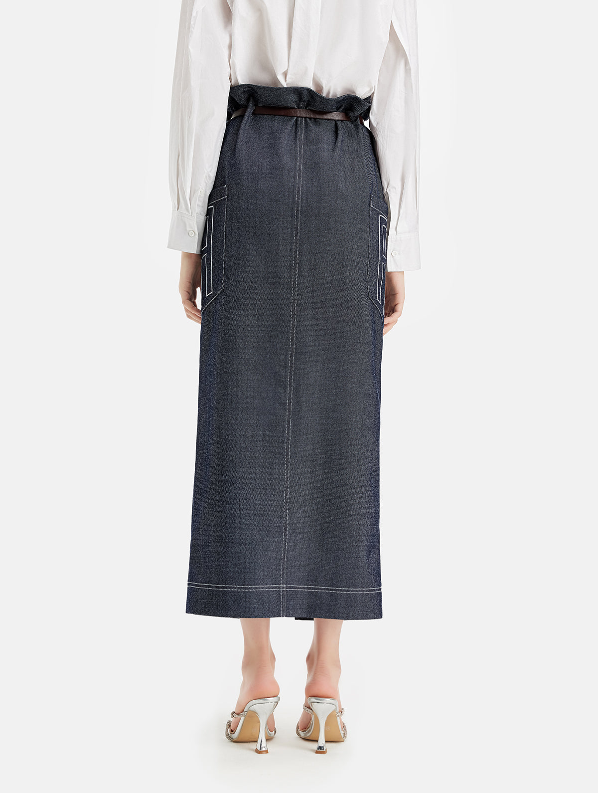 Denim Embroidered Midi Skirt