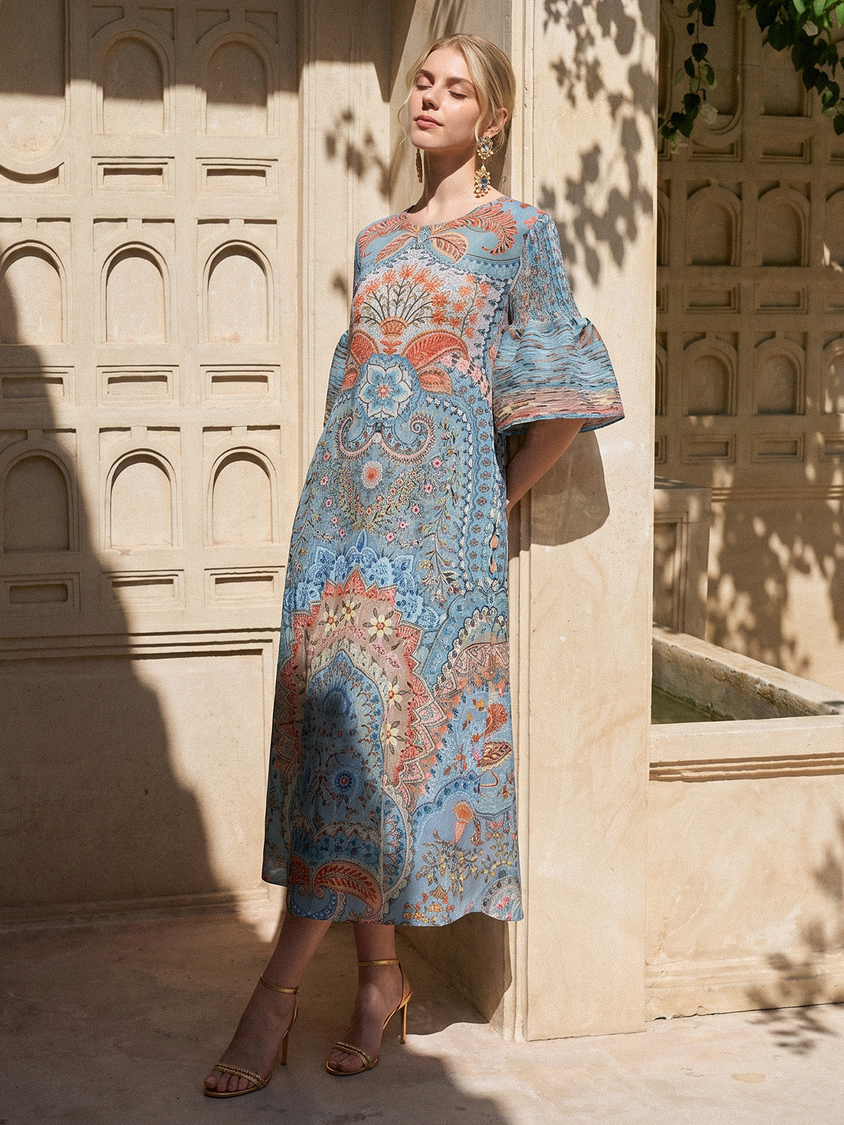 Pleated Beaded Floral Print Dress