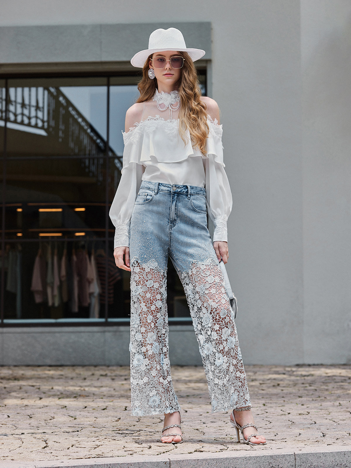 Elegant Rhinestone Lace Denim Jeans