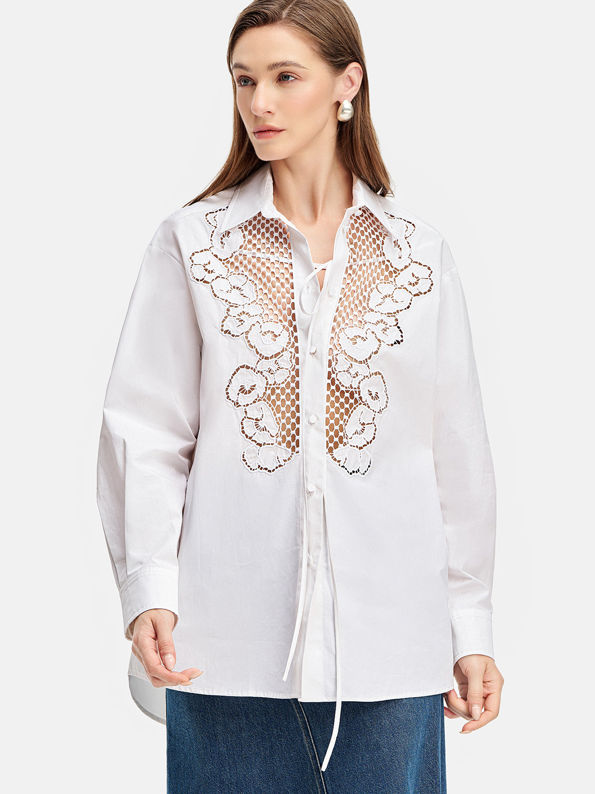 Lace-Embroidered Cutout Shirt