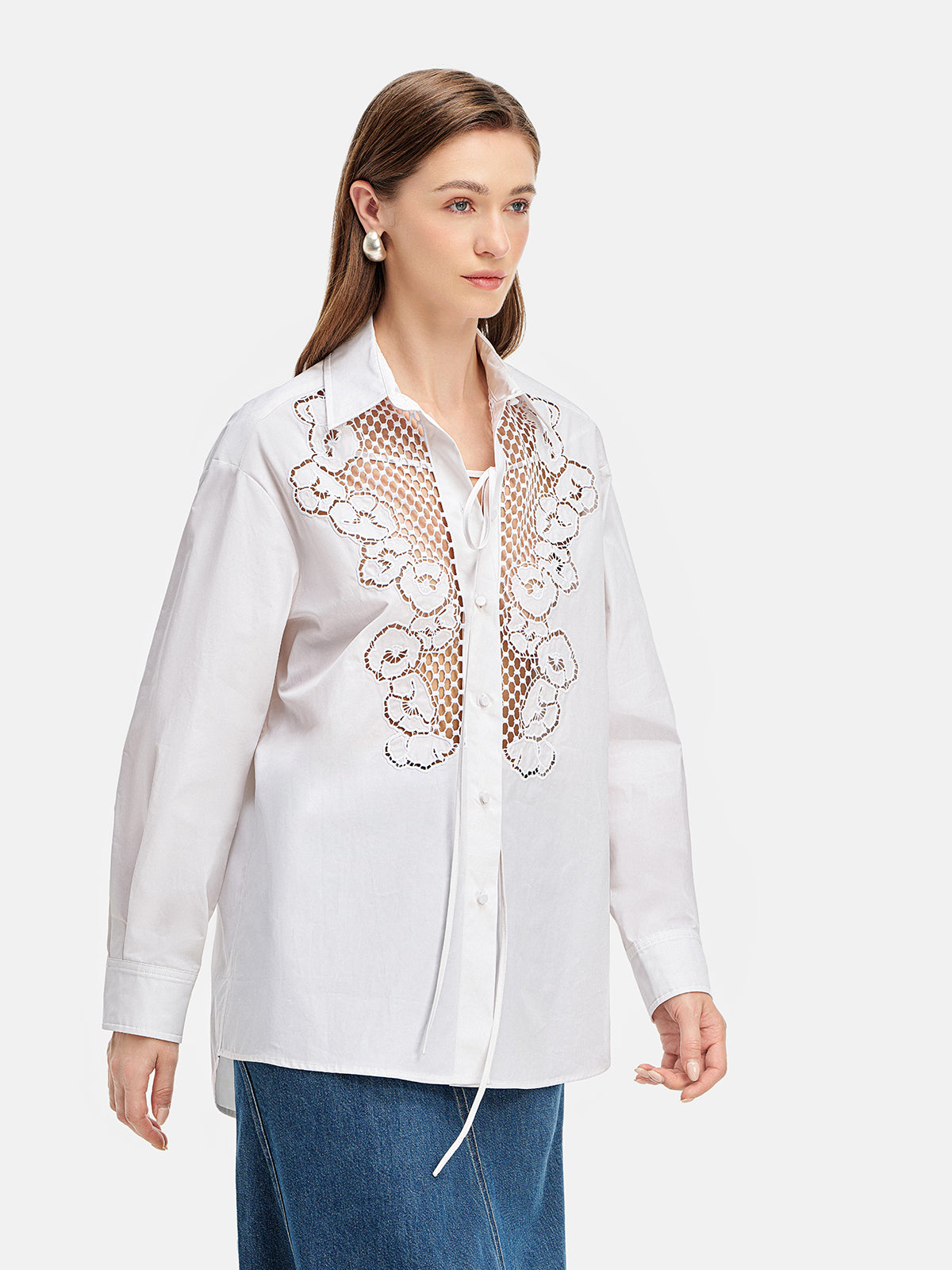 Lace-Embroidered Cutout Shirt