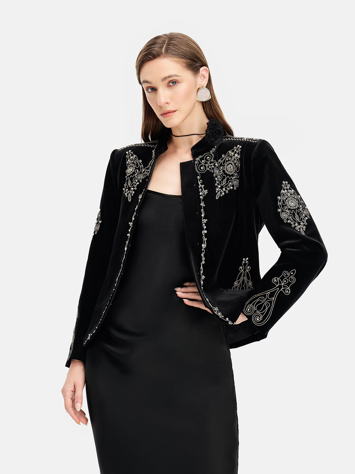 Beaded Velvet Stand Collar Jacket