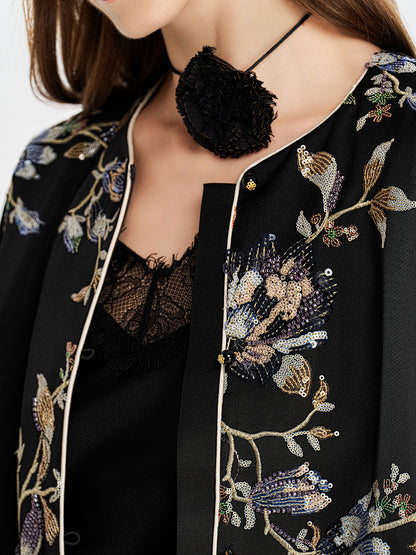 Embroidered Sequin Collarless Jacket