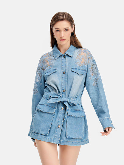 Floral Lace Panel Denim Short Trench