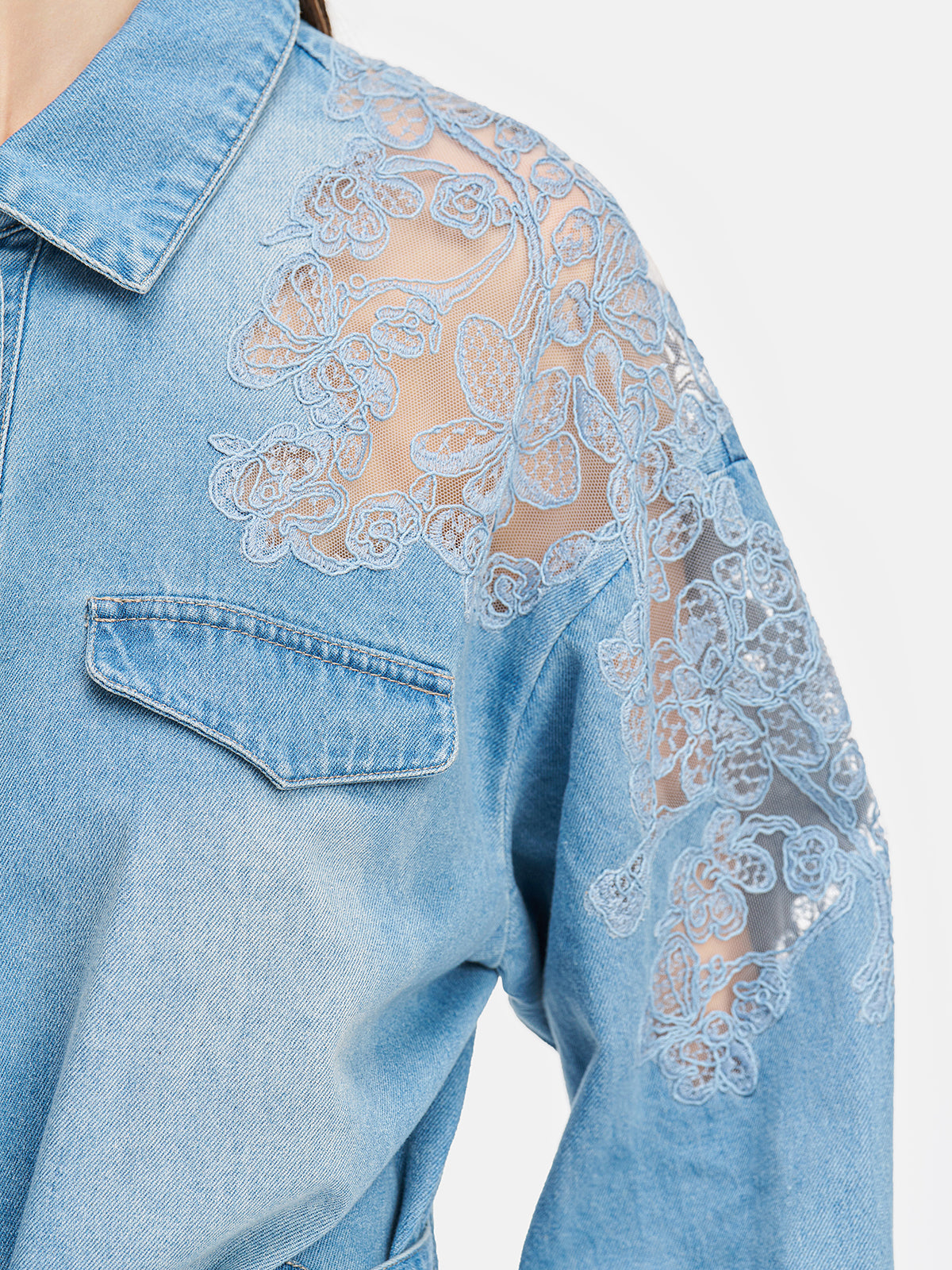 Floral Lace Panel Denim Short Trench