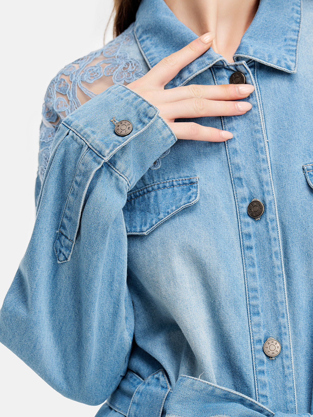 Floral Lace Panel Denim Short Trench