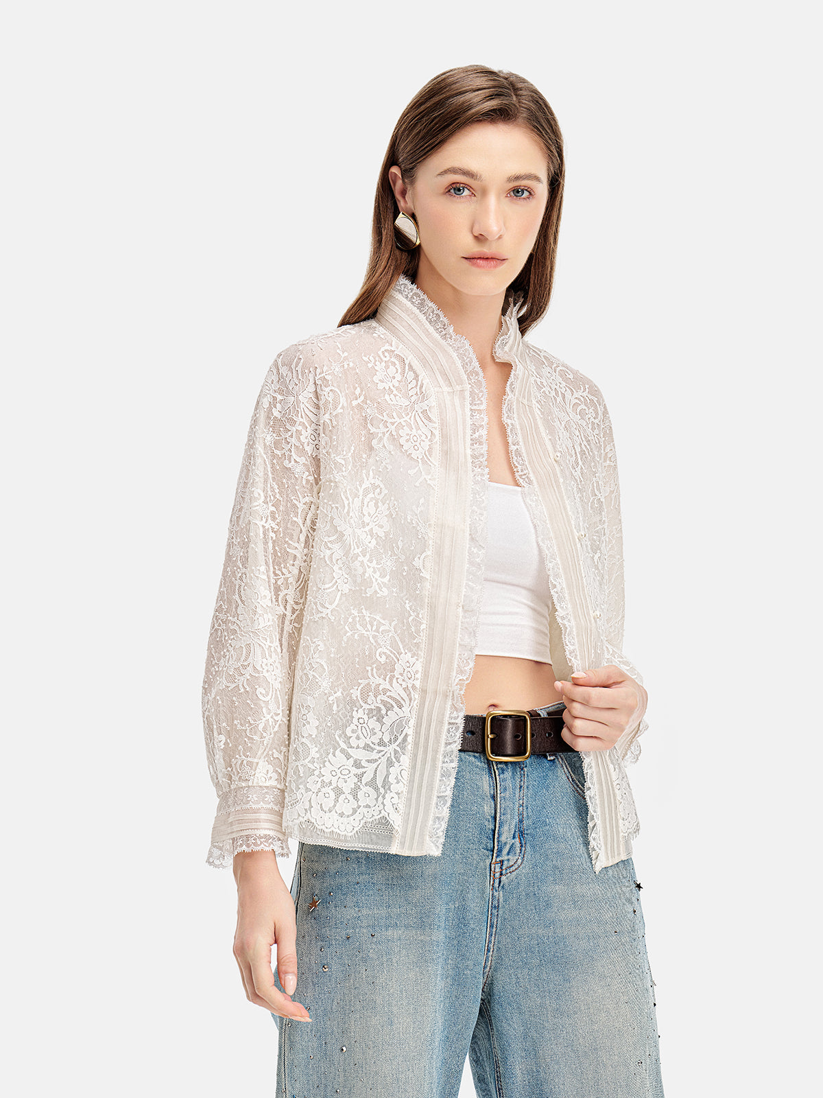 Silk Lace-Trim Mandarin Jacket