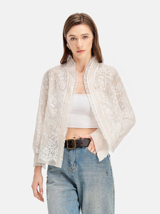 Silk Lace-Trim Mandarin Jacket