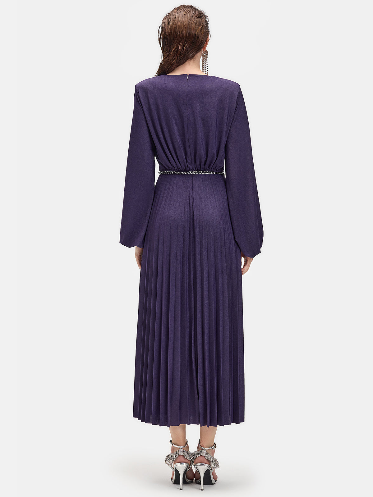 Long Sleeve Side-slit Pleated Maxi Dress