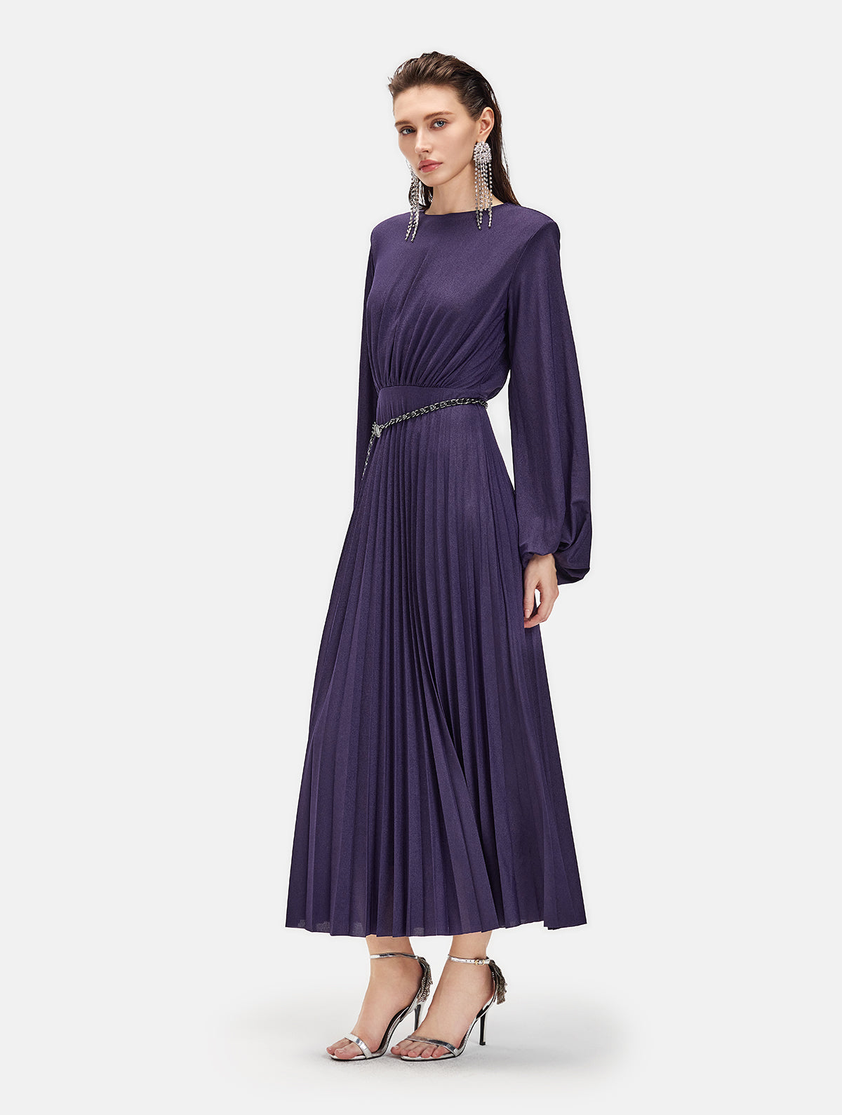 Long Sleeve Side-slit Pleated Maxi Dress