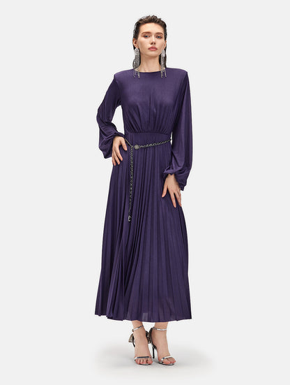 Long Sleeve Side-slit Pleated Maxi Dress