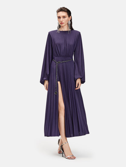 Long Sleeve Side-slit Pleated Maxi Dress