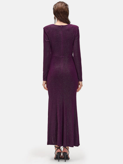 Long Sleeve V-neck Ruched Maxi Dress