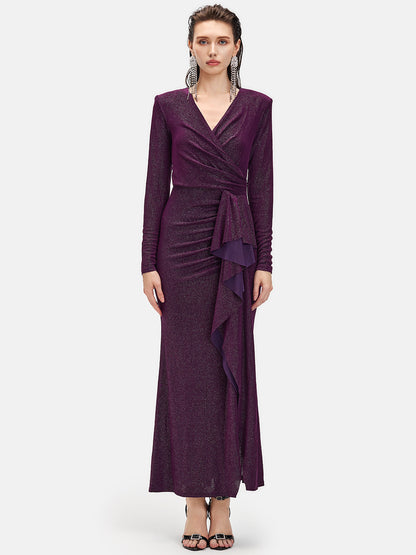 Long Sleeve V-neck Ruched Maxi Dress