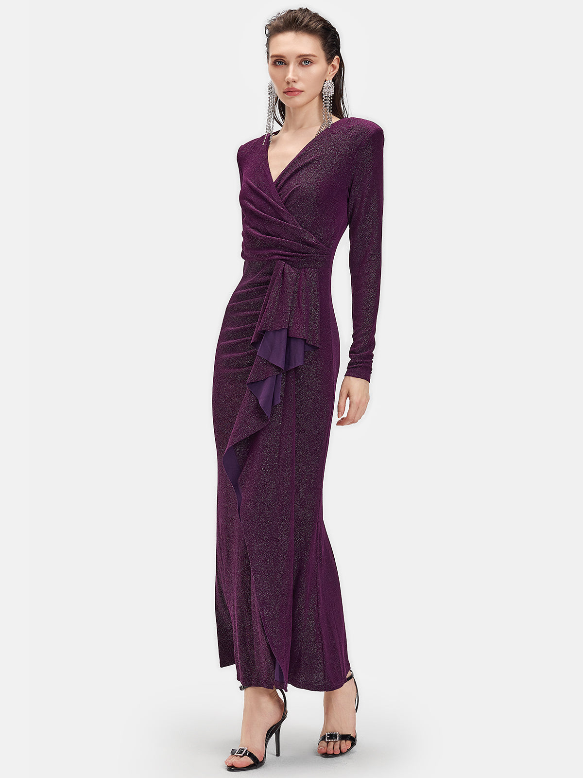 Long Sleeve V-neck Ruched Maxi Dress