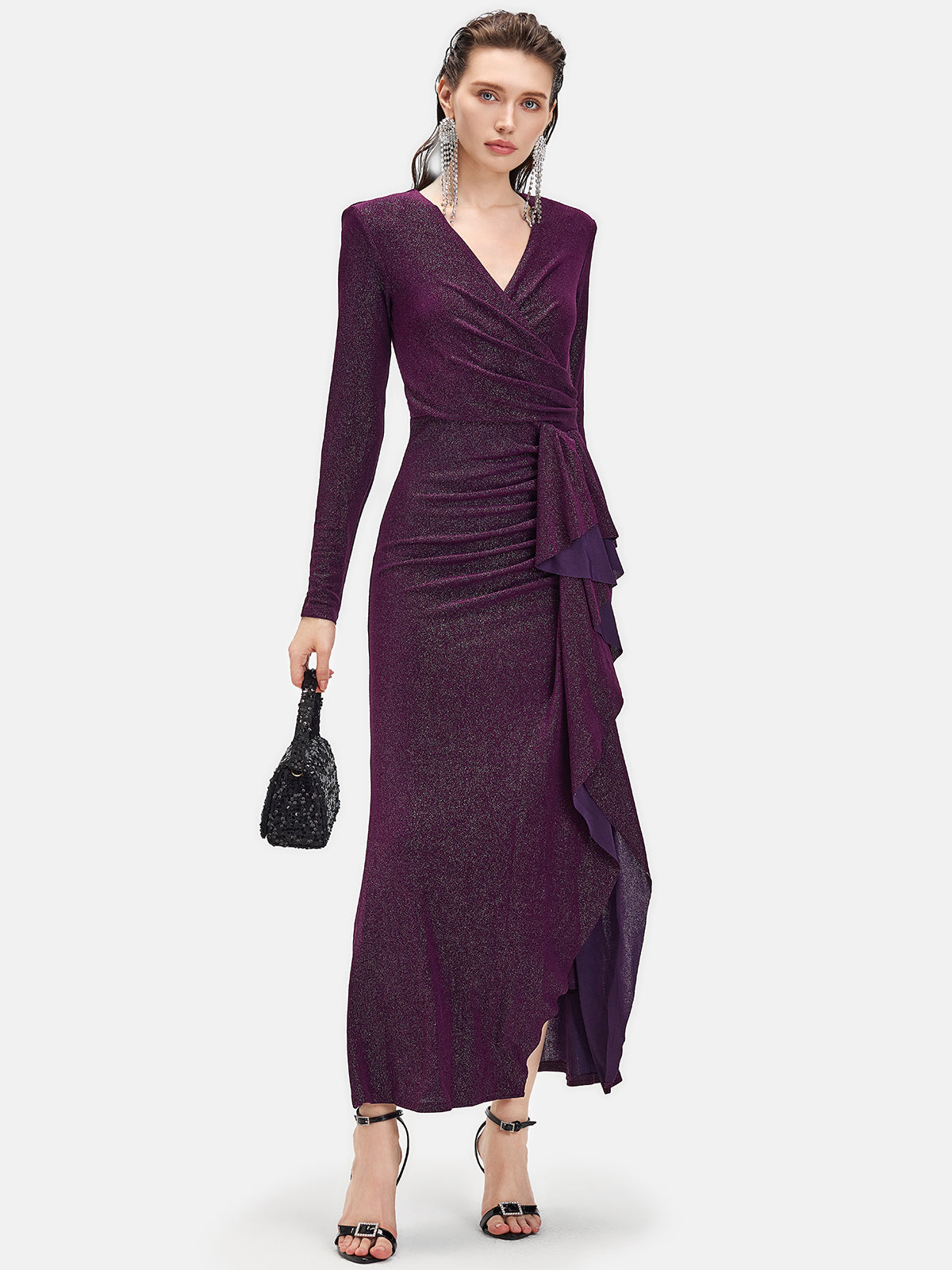 Long Sleeve V-neck Ruched Maxi Dress