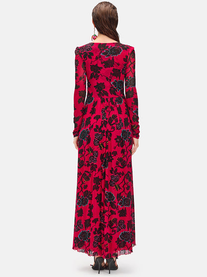 Red Long-Sleeve Floral Maxi Dress