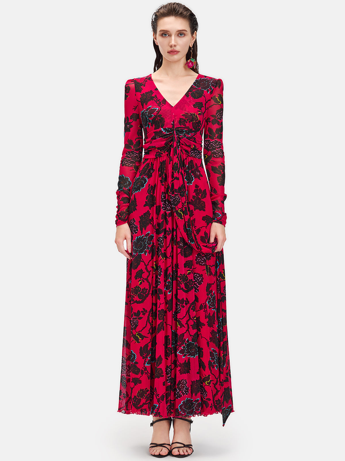 Red Long-Sleeve Floral Maxi Dress