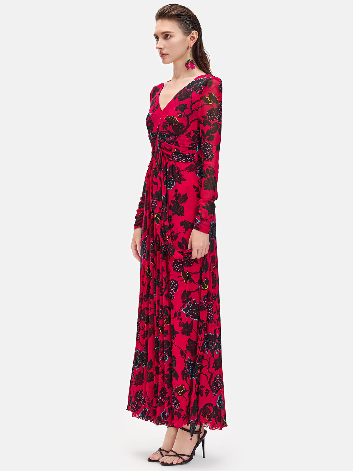 Red Long-Sleeve Floral Maxi Dress