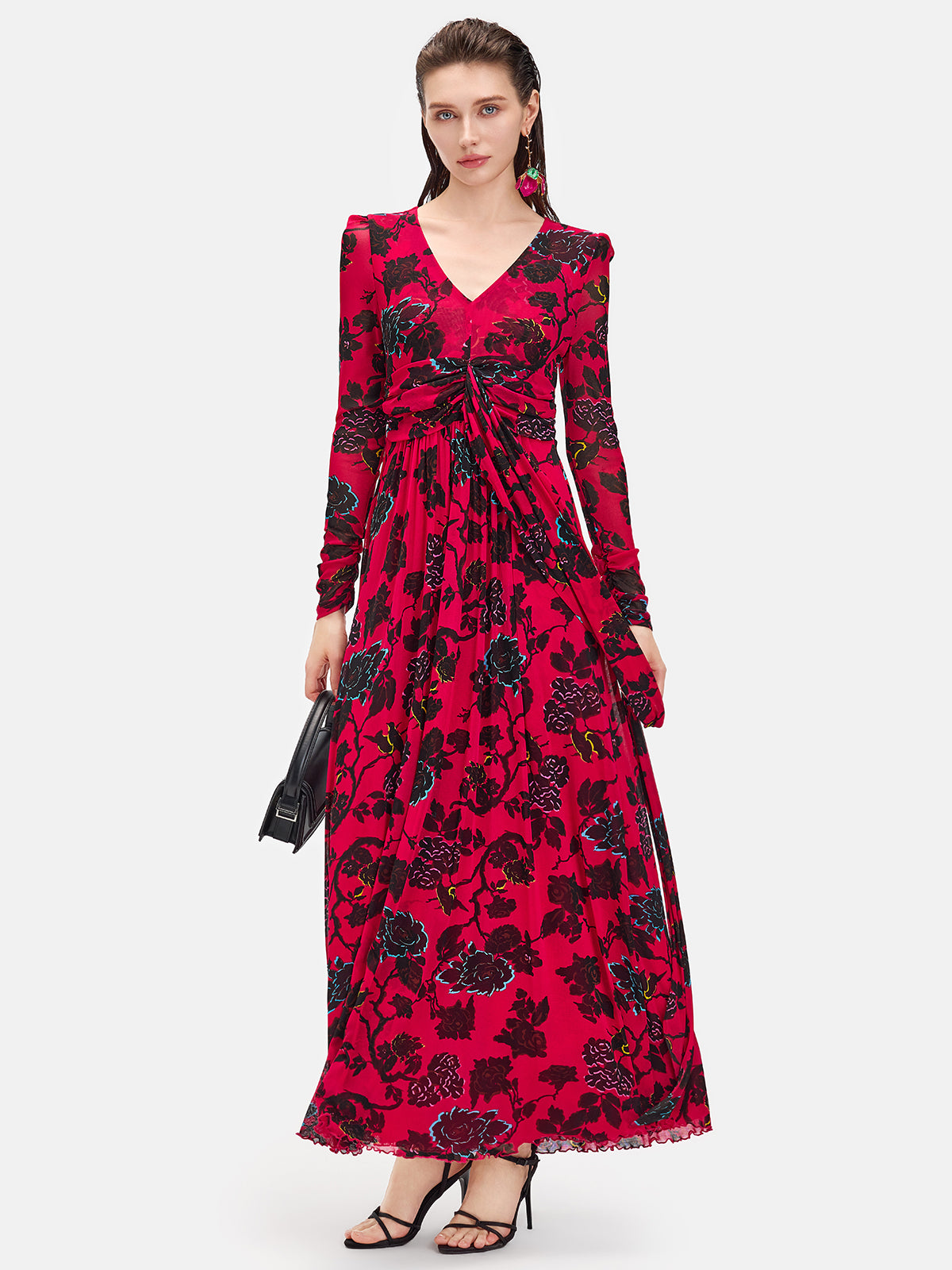 Red Long-Sleeve Floral Maxi Dress