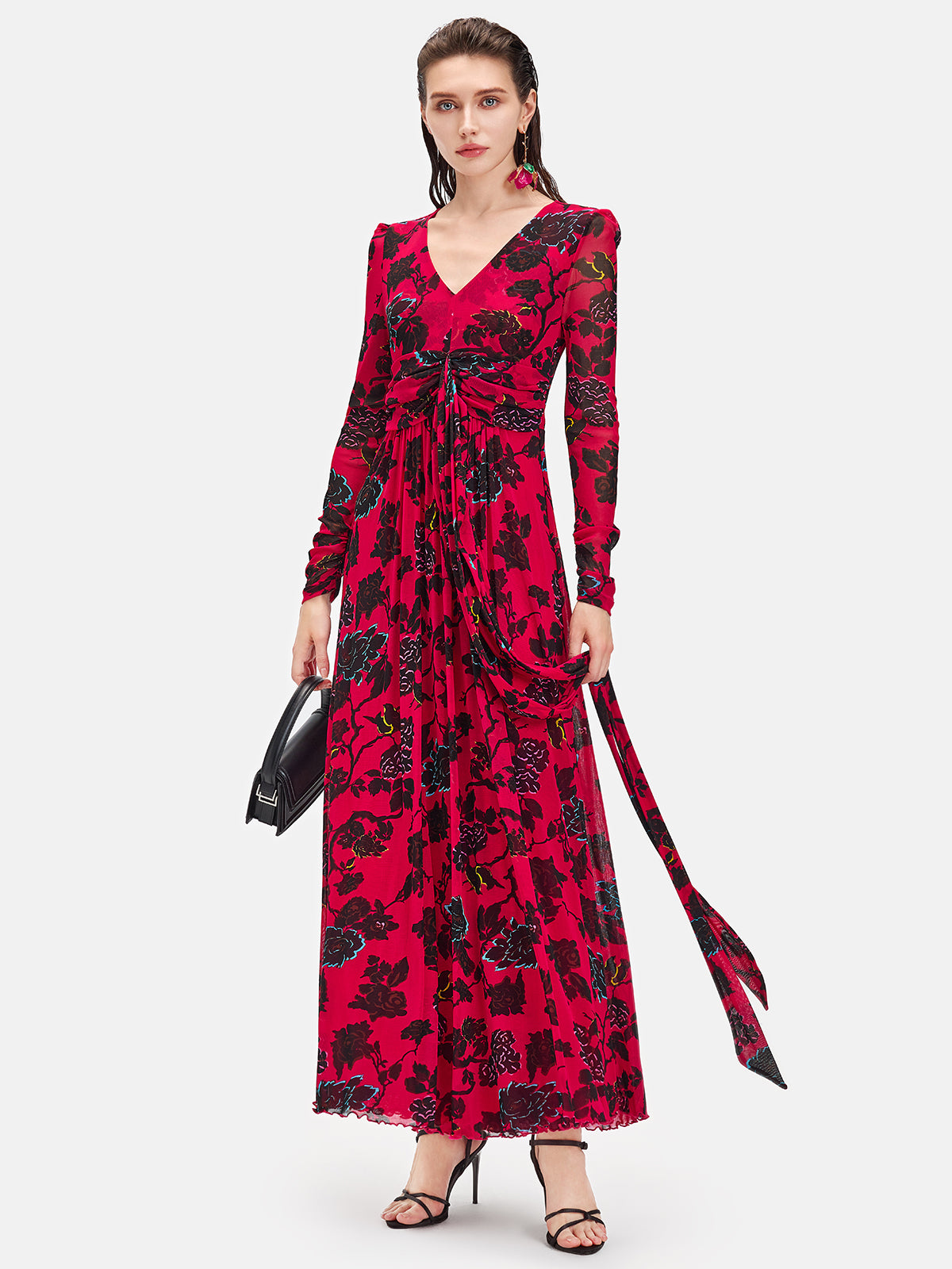 Red Long-Sleeve Floral Maxi Dress