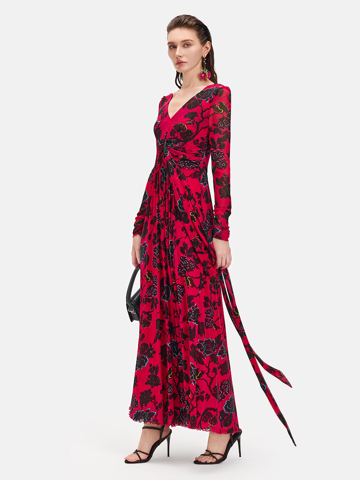 Red Long-Sleeve Floral Maxi Dress