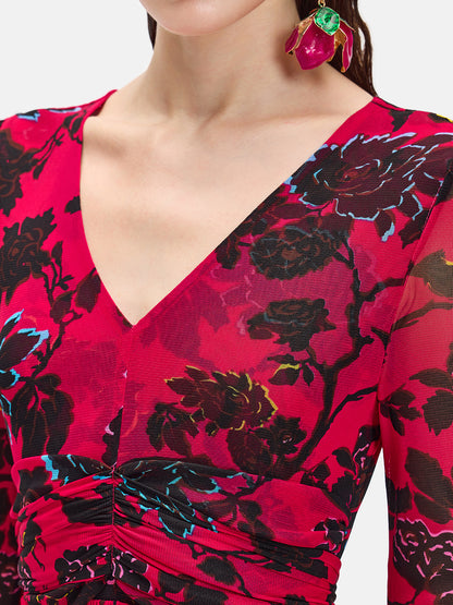 Red Long-Sleeve Floral Maxi Dress