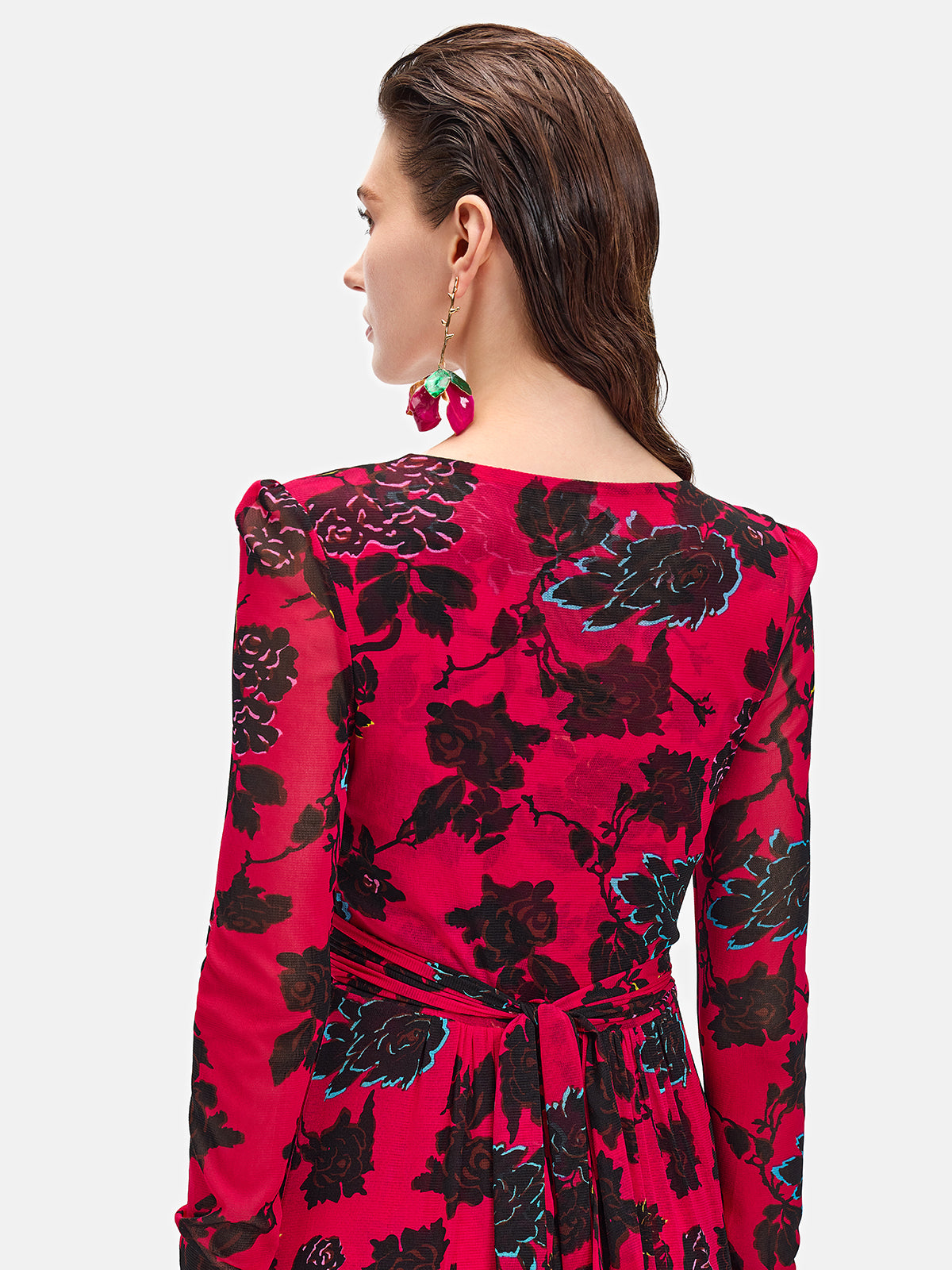 Red Long-Sleeve Floral Maxi Dress