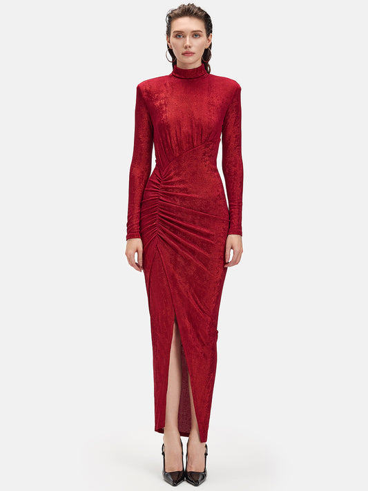 Long Sleeve Turtleneck Side-slit Ruched Maxi Dress