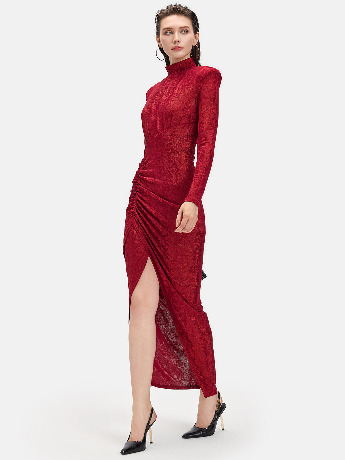 Long Sleeve Turtleneck Side-slit Ruched Maxi Dress