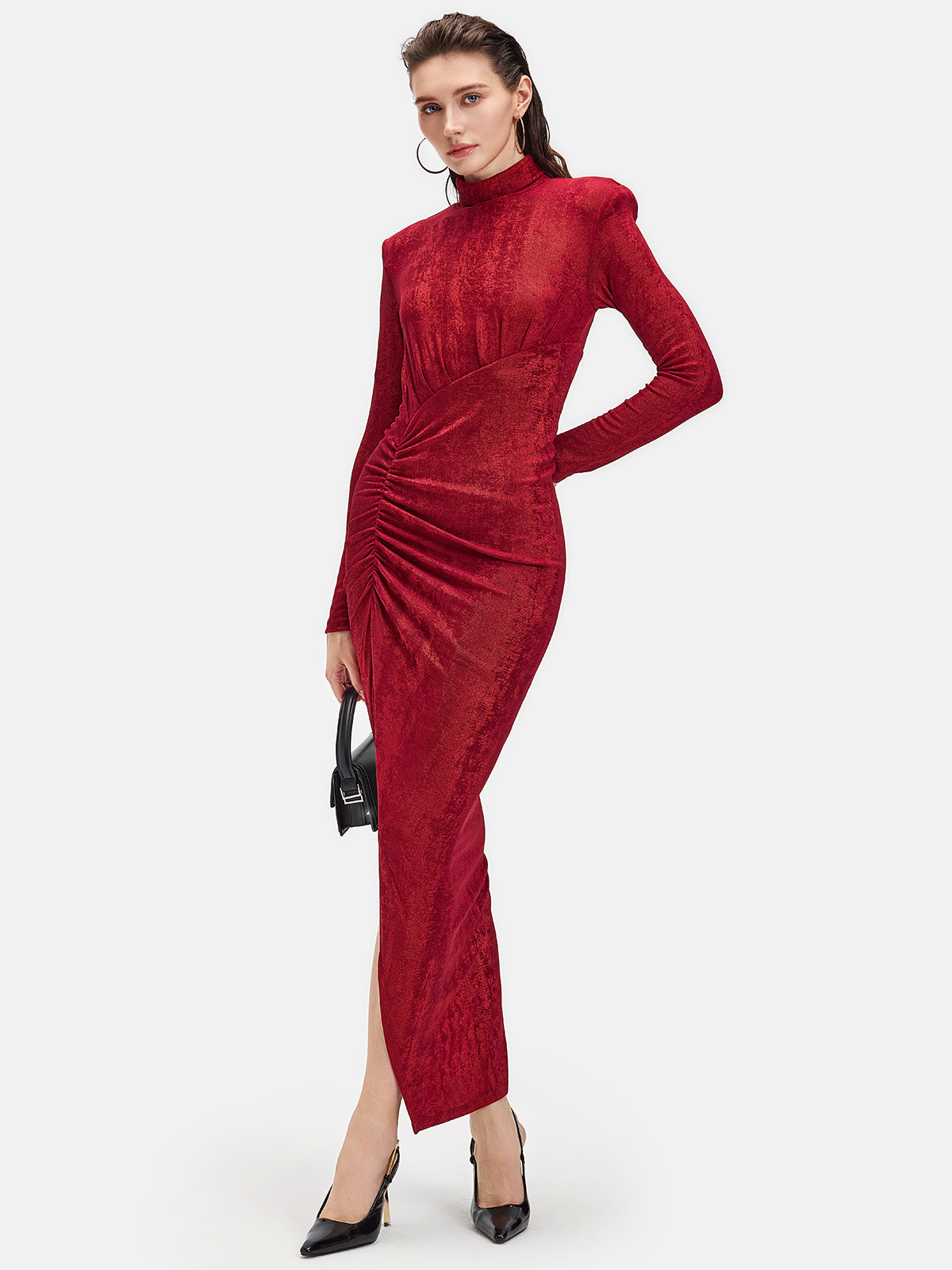 Long Sleeve Turtleneck Side-slit Ruched Maxi Dress