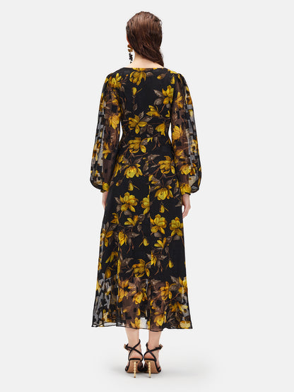 Yellow Floral Black Maxi Dress