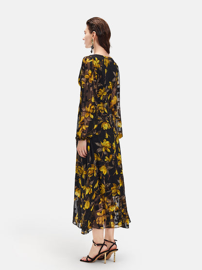 Yellow Floral Black Maxi Dress