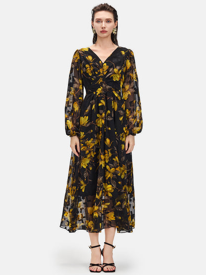 Yellow Floral Black Maxi Dress