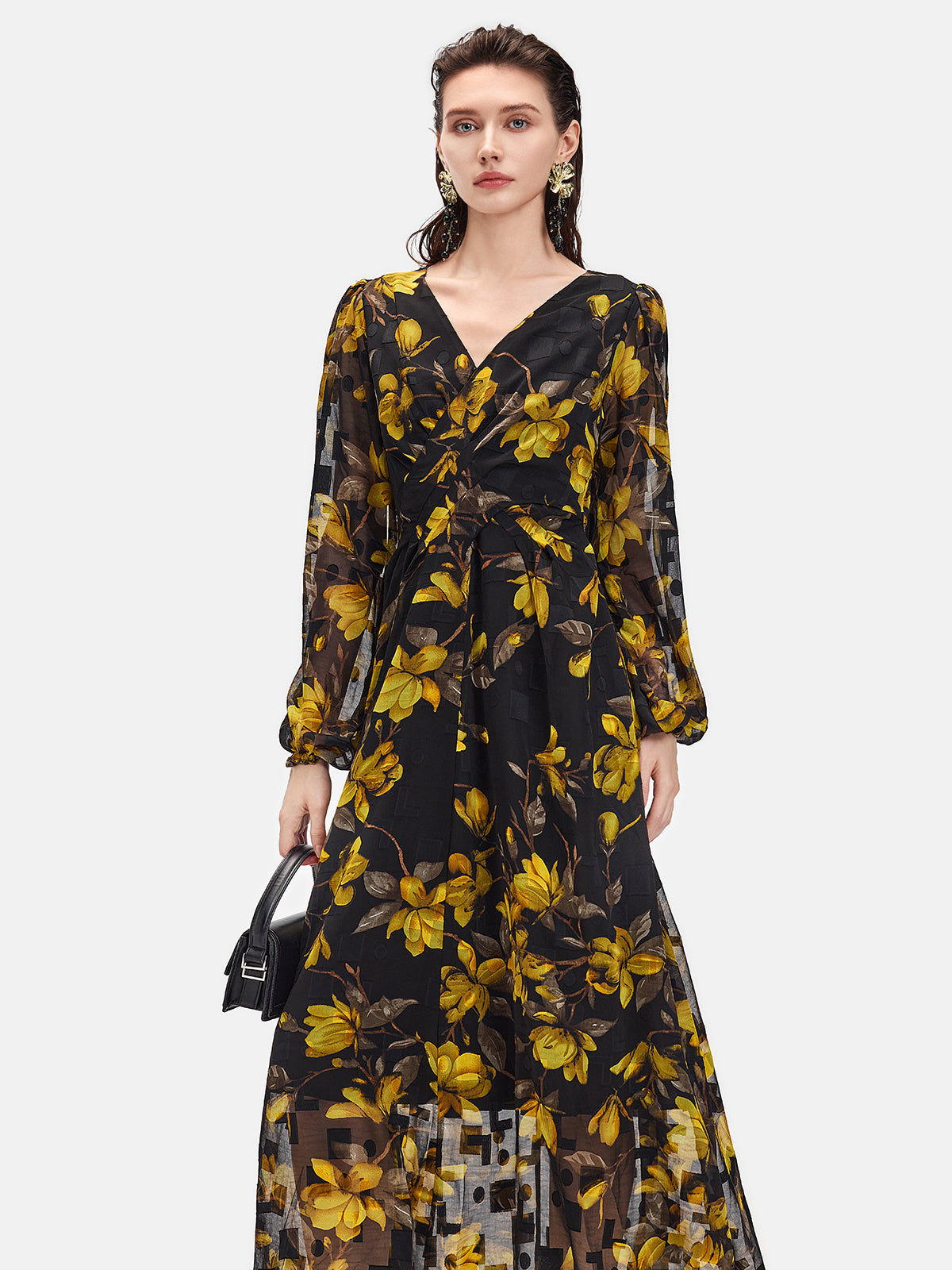 Yellow Floral Black Maxi Dress