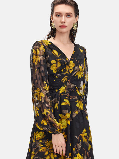 Yellow Floral Black Maxi Dress