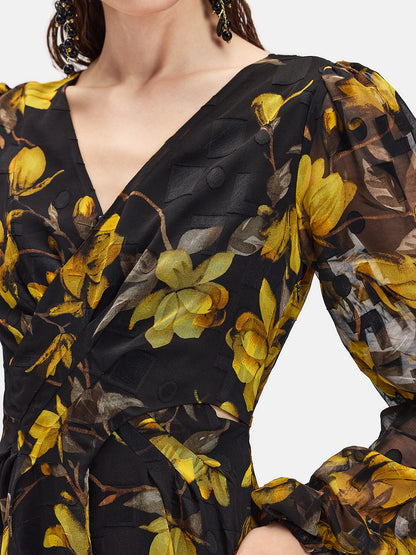 Yellow Floral Black Maxi Dress