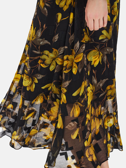 Yellow Floral Black Maxi Dress