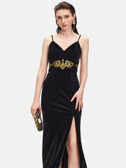 Gold Embroidered Velvet  Dress