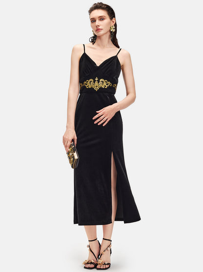 Gold Embroidered Velvet  Dress