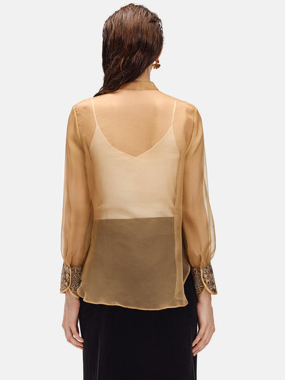 Embroidered Cuffs Sheer Silk Blouse