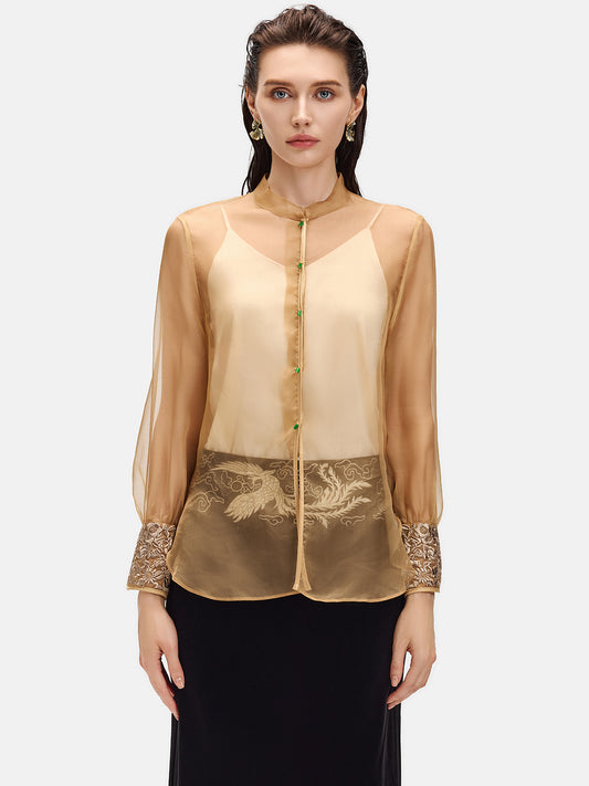 Embroidered Cuffs Sheer Silk Blouse