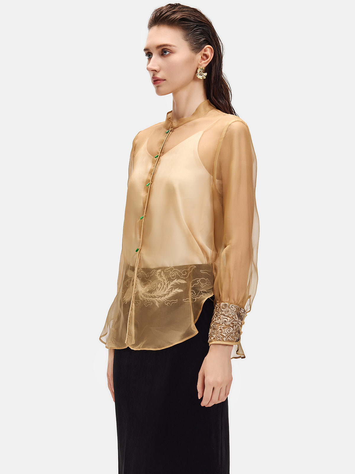 Embroidered Cuffs Sheer Silk Blouse